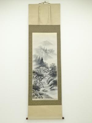 池田渓雲筆　水墨山水　肉筆絹本掛軸（共箱）
